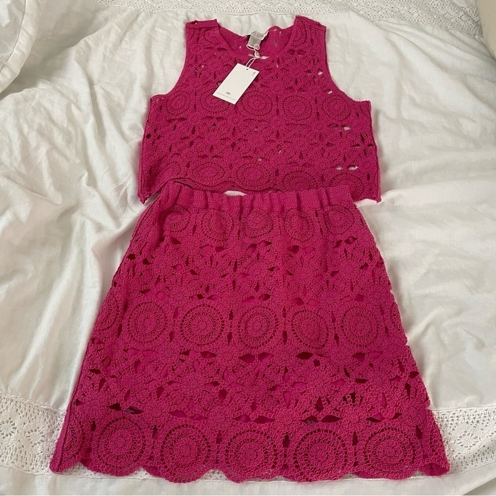 NEW Caroline Constas SMALL Knit Set Fushia Crochet Tank Top Mini Skirt NWT Pink